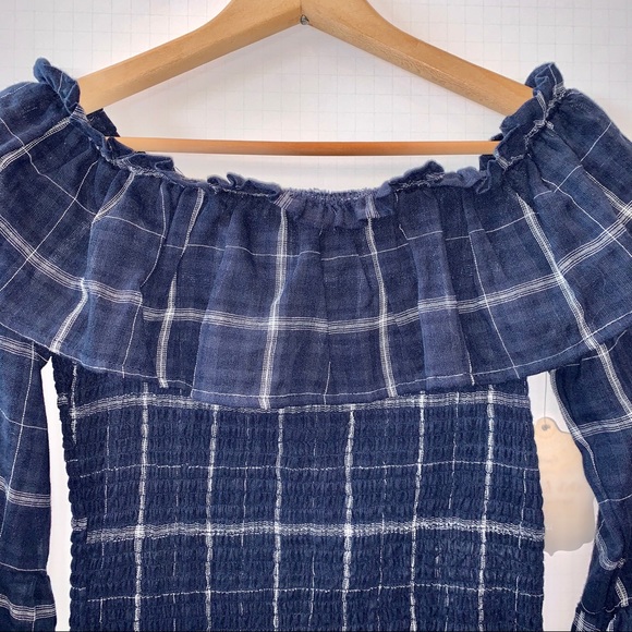 Altar’d State Linen Blue & White Plaid Top W/Bell Sleeves - Picture 2 of 7